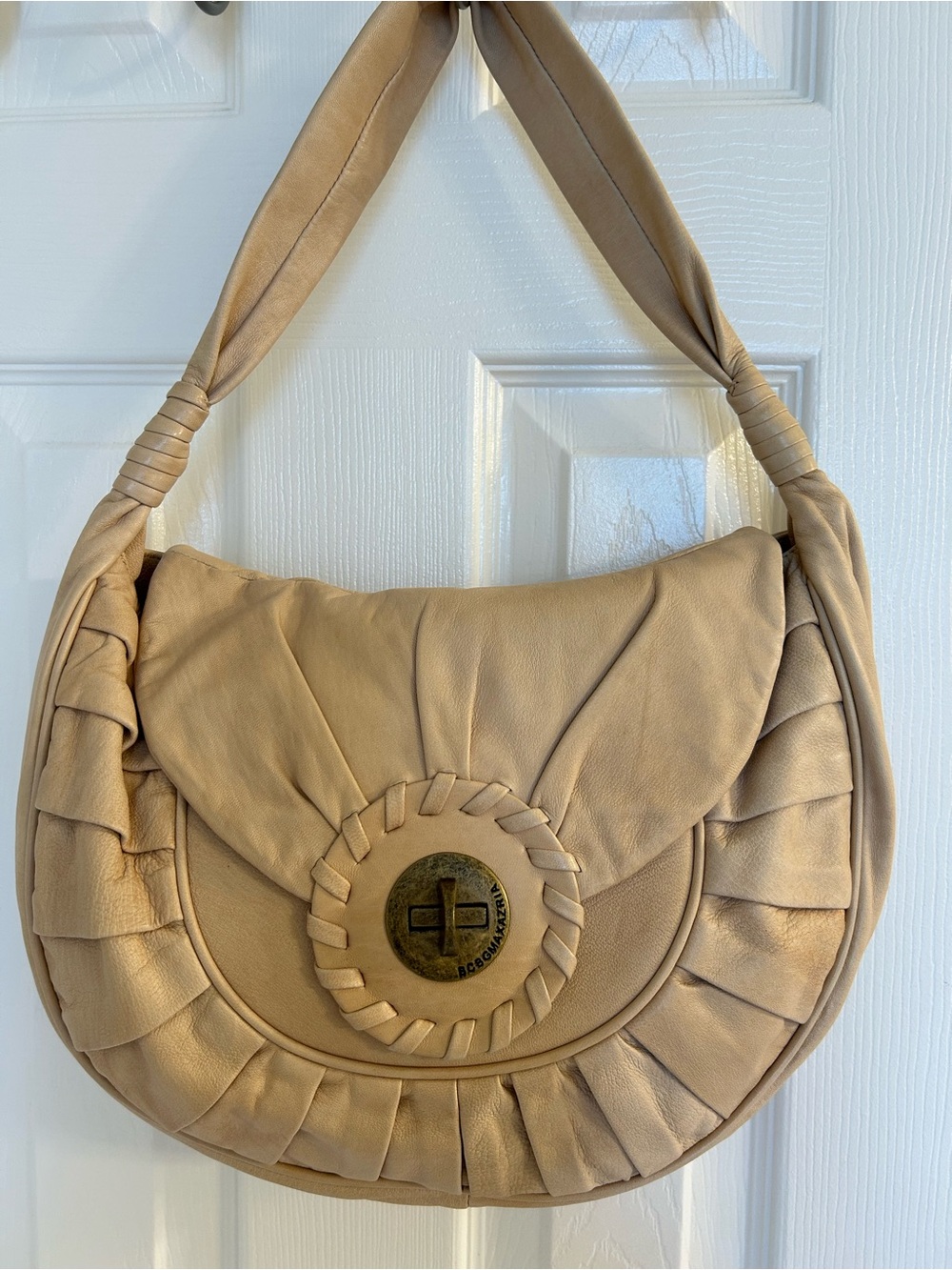 BCBG Beige Leather Hobo Bag with Braided Accent